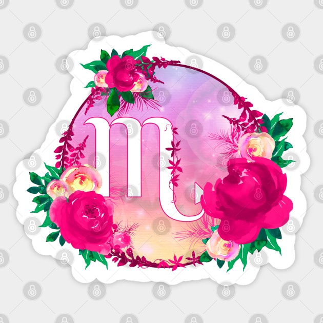 Scorpio Zodiac Horoscope Pink Floral Monogram Sticker by bumblefuzzies